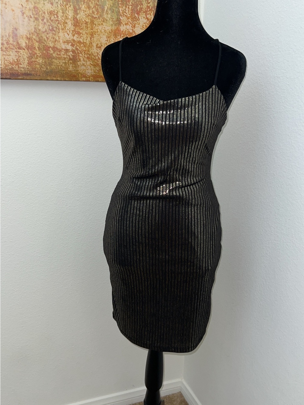 Forever 21 Black Metallic Striped Backless Slip Dress